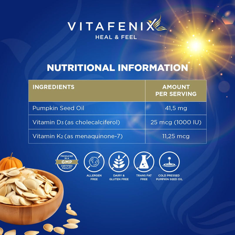 Vitafenix Vitamin D3 1000iu + K2 Mk7 11,25ug - Vitamin D3K2 Drops with Pumpkin Seed Oil (Cold Pressed) for Bladder, Prostate - 30 ml 600 Drops High Strength Vegan Formula 1