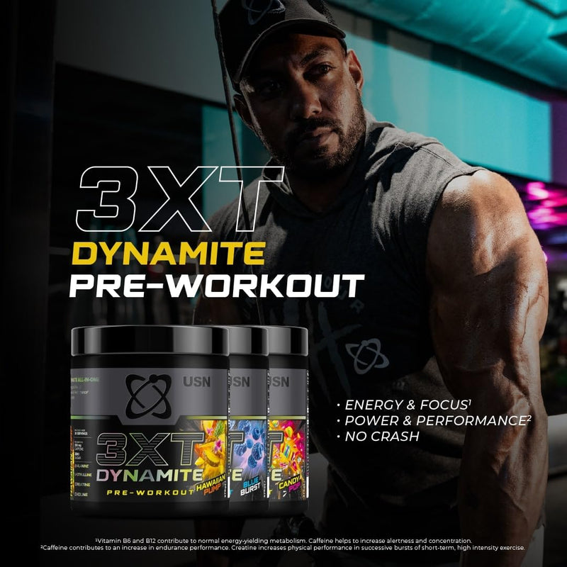 USN 3XT Dynamite Pre Workout Powder (30 Servings – 375g). Pre- Workout Energy Drink with Natural Caffeine (250mg), Citrulline, Creatine, Beta Alanine, Choline, Taurine and Zero Sugar – Blue Raspberry