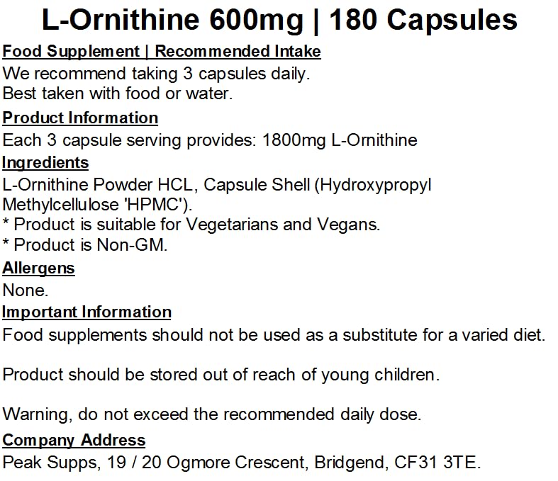 L-Ornithine 600mg - 180 Capsules | Pure No Fillers | Vegan 180 count (Pack of 1)