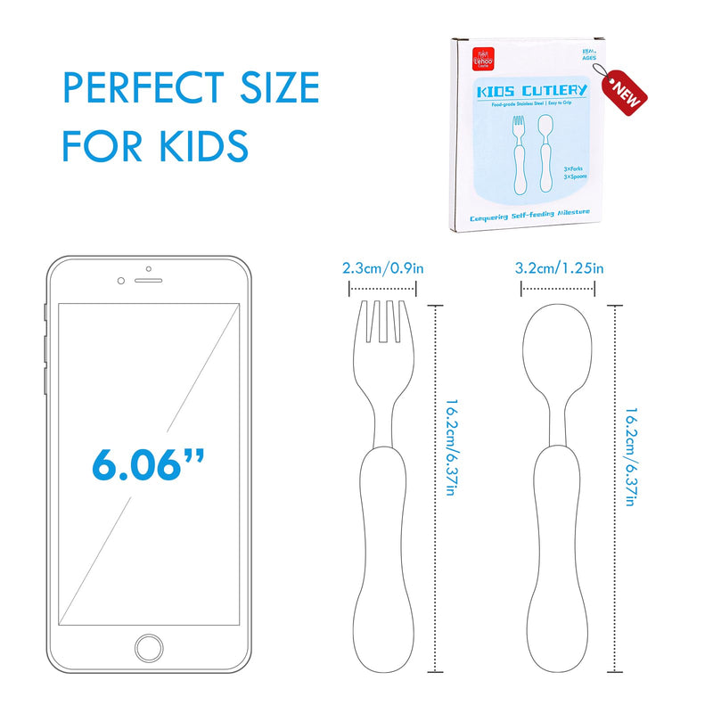 [Australia] - Lehoo Castle Toddler Utensils, 6pcs Kids Silverware, Safe Stainless Steel Fork and Spoon Set, Children Flatware Set, Includes 3 Spoons and 3 Forks (Dinosaur) Blue + Green 