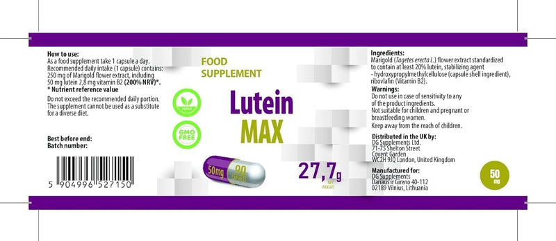Hepatica Lutein 50mg with Vitamin B2 | Normal Vision Support | Marigold Extract | 90 Vegan Capsules | 3-Month Supply | 3rd Party Lab Tested