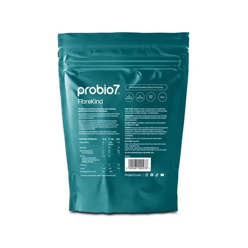 Probio7 Probiotics FibreKind - Fibre Supplement for Sensitive Stomachs. 4 Types of Low-FODMAP Approved Fibres, Acacia Fibre & Partially Hydrolysed Guar Gum (PHG) with Ashwagandha | 30 Servings