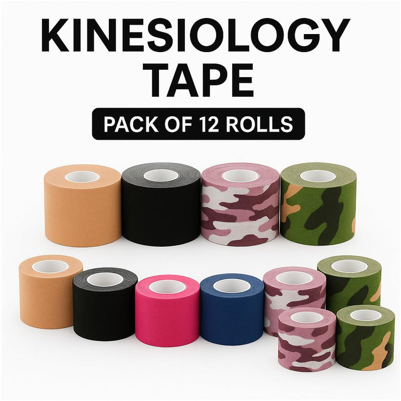 Kinesiology Rolls - Pack of 12 Sports & Face Tapes | 2.5 & 5 cm | Elastic & Waterproof Adhesive | Camouflage & Solid Colours | Breathable, Hypoallergenic, Residue-Free