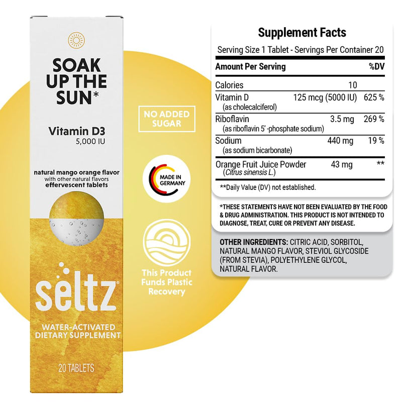 Seltz Vitamin D3 Drink Tablets, Effervescent 5000 IU with Immune Support | Immune Support, Uplifting Support, No Sugar Added, Drop Fizz and Drink, Supports Hydration, 20 Tablets, 1 Pack, 5000 IU 20 Tablets (Pack of 1)