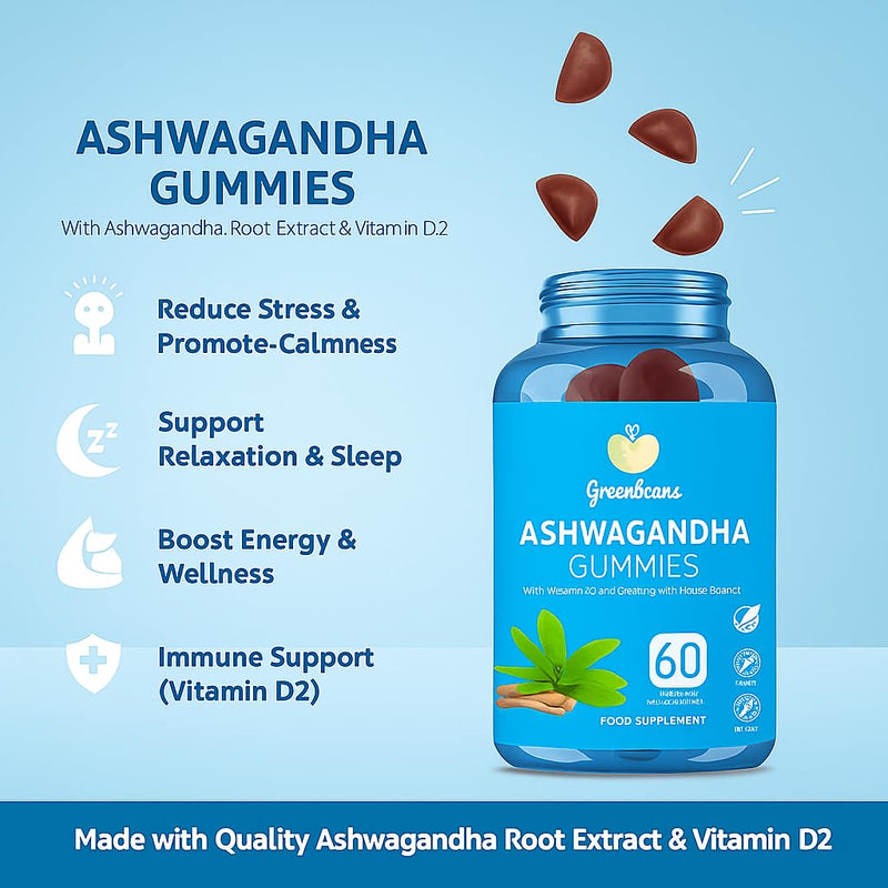 Green Bears Ashwagandha Gummies – High Strength 600mg Ashwagandha Root Extract + Vitamin D – Stress Relief, Relaxation & Mood Support – Vegan Mixed Berry – 60 Gummies