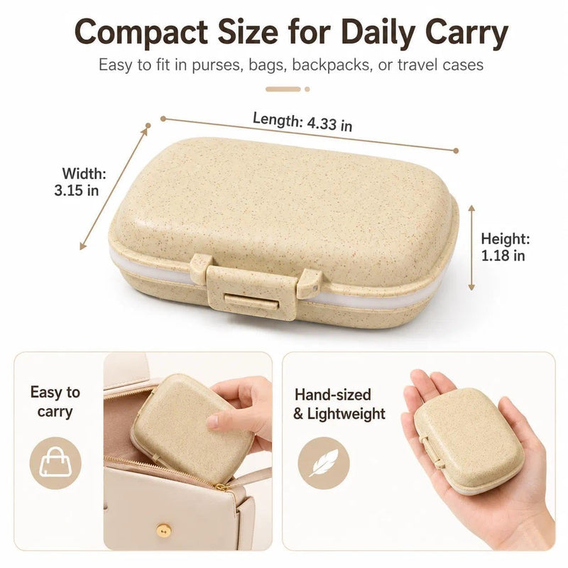 Travel Pill Organizer, 8-Compartment Portable Pill Case for Vitamins and Supplements, Compact Pill Box for Pocket and Purse, Beige