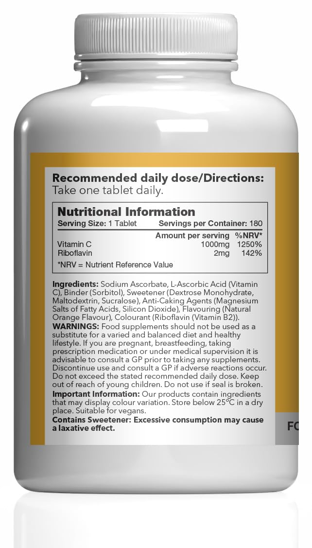 Chewable Vitamin C 1000mg with Riboflavin (Vitamin B2) | Immune & Skin Support | 180 Vegan Tablets | 6-Months Supply | Vegan & Vegetarian Friendly | UK Made