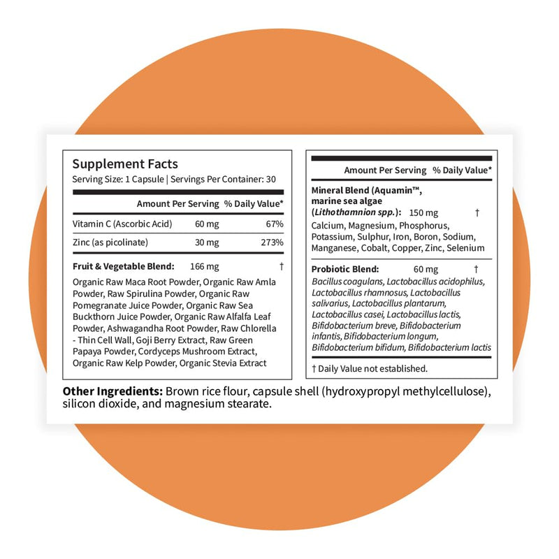 Pattern Wellness Zinc Complex Supplement – 30 Vegan Capsules | Supports Immune, Skin & Digestive Health – High Absorption Zinc with Vitamin C, Probiotics & Natural Blends 30 Count (Pack of 1)