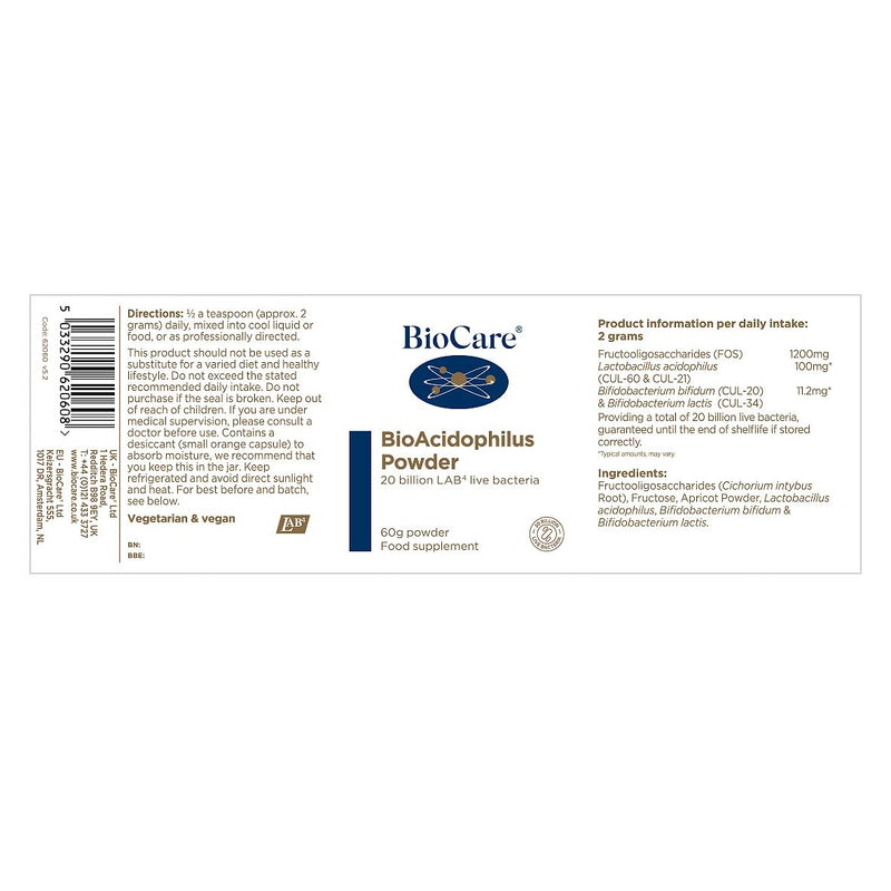 BioCare BioAcidophilus Powder - LAB4 Live Bacteria Complex for Daily Use - Clinically Researched Supplement - 60g