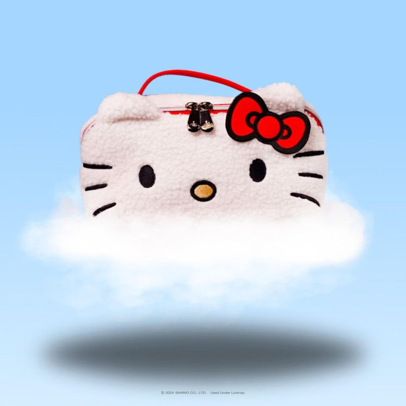 Impressions Vanity Hello Kitty Unfold Travel Makeup Bag Organizer, Opens Flat Zippered Cosmetic Bag with Cozy Sherpa Fabric Texture, Dual Compartments, Inner Pockets, Top Carrying Handle White (Hello Kitty)