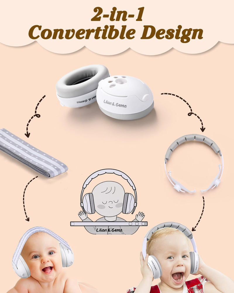 [Australia] - Lilian&Gema 2-in-1 Baby Ear Muffs Noise Protection, Adjustable Baby Headphones with Stretchy Band, Noise Cancelling Headphones for Baby & Toddler up to 4 Years, Baby Airplane Essentials/Outdoor, White 