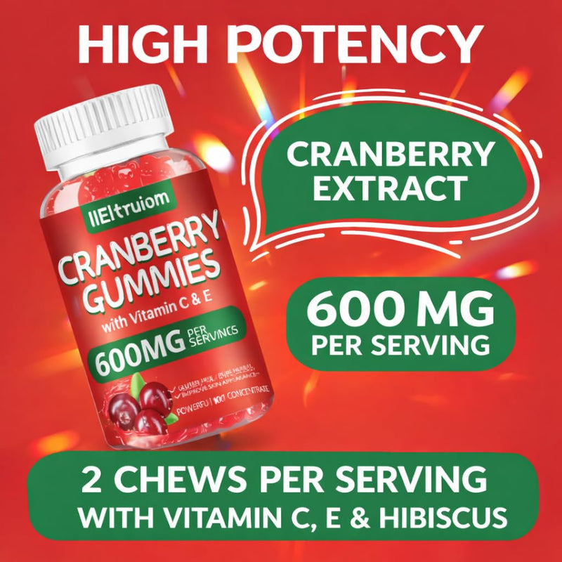 Cranberry Gummies 600mg with Vitamin C & E, Hibiscus Blend, Sugar Free | 60 Chewable Gummies with No Artificial Colors, Flavors, or Added Sugars 1