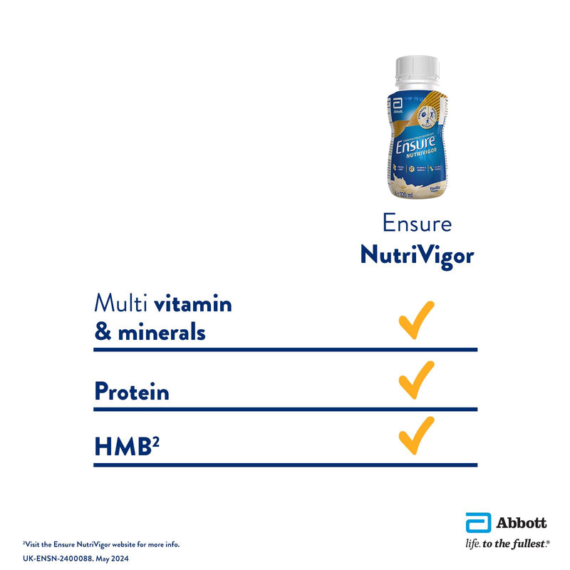 Ensure NutriVigor Nutritional Shake – Vanilla Flavour – 8 x 220ml – Boosts Energy – Ready-to-Drink – Food Supplement with Protein, HMB and27 Vitamins and Minerals Pack of 8