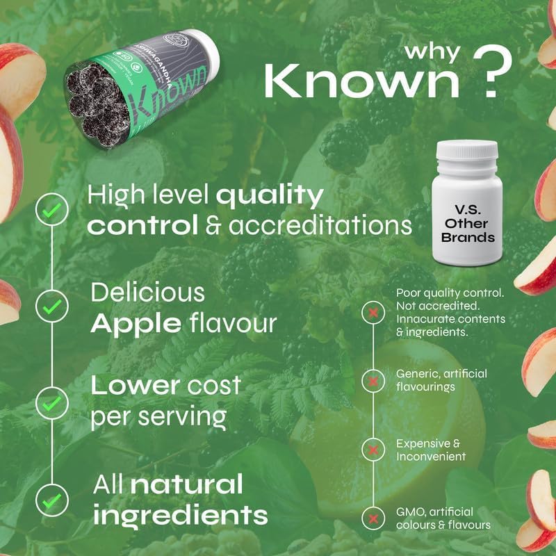 Known 1000mg Ashwagandha Sugar-Free Gummies – Apple Flavour – Chewable Vegan Gummy Supplement – Energy, Mood & Wellbeing Support – 1 Month Supply – Root Extract with Vitamin B6 – for Men & Women