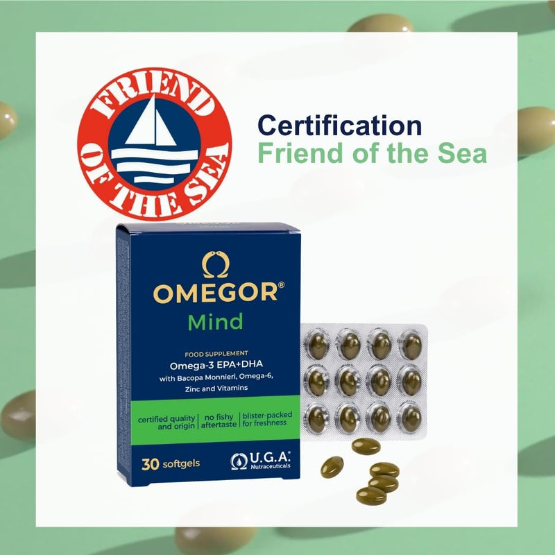 OMEGOR Mind Omega 3 and Bacopa Monnieri - Memory and Focus Supplement for Kids and Senior with Borage Oil, Zinc and Vitamin B (30 Capsules) 30 count (Pack of 1)