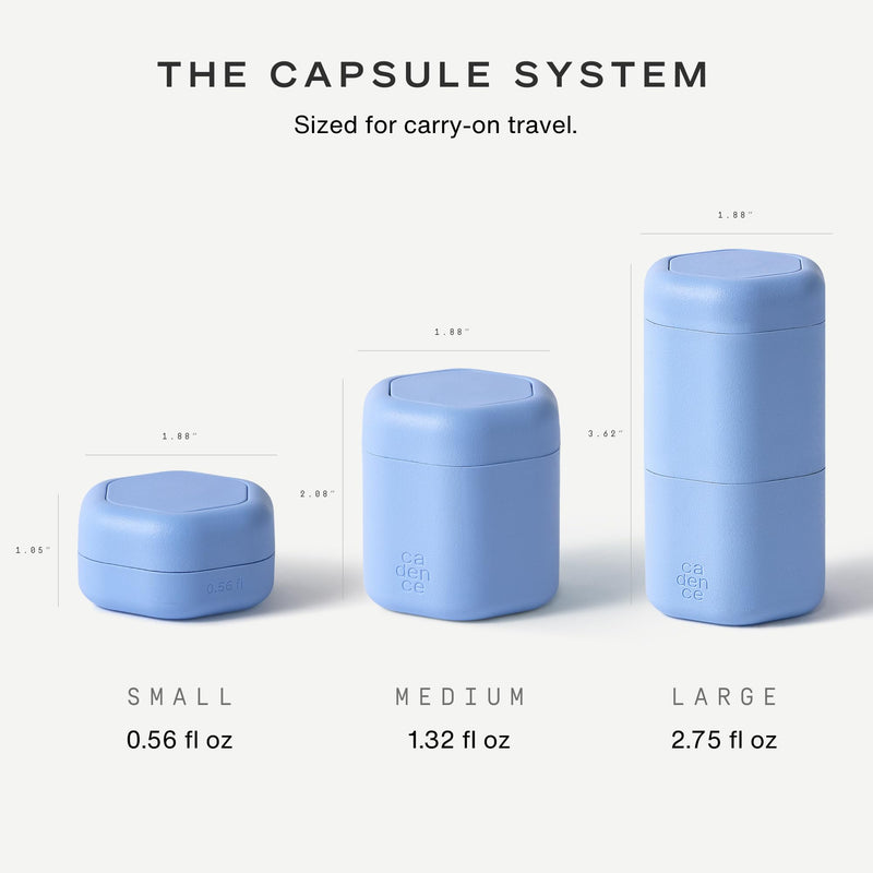 Cadence Travel Containers - 2pk (1 Small, 0.56oz + 1 Medium, 1.32oz), Pacific - TSA Approved, Leak Proof, Magnetic Basic Body Care Capsules - Carry On Travel Essentials - Body Wash & Lotion Labels Bodycare (Set of 2)