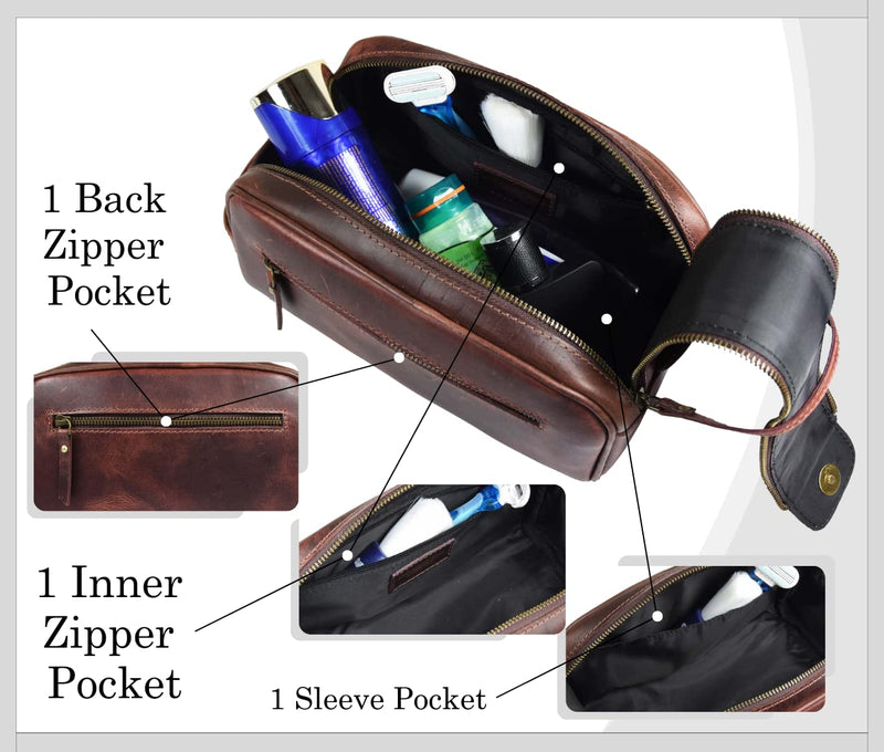10" Premium Leather Toiletry Travel Pouch With Waterproof Lining | King-Size Handcrafted Vintage Dopp - Kit By Aaron Leather Goods (Dark Brown) Dark Brown