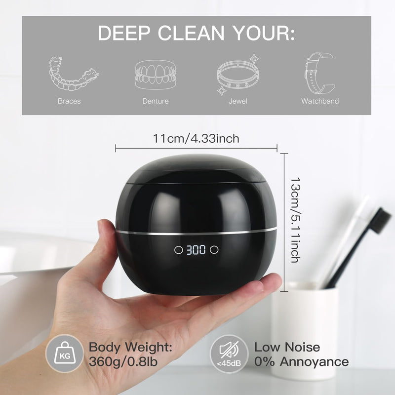 [Australia] - Dental Ultrasonic Retainer Cleaner Machine: 45kHz Dental Cleaning Pod for Denture, Aligner, Mouth Guard, Night Guard, Braces & Jewelry, UV Denture Cleaner with Digital Timer & Dual Mode 250ML Black 