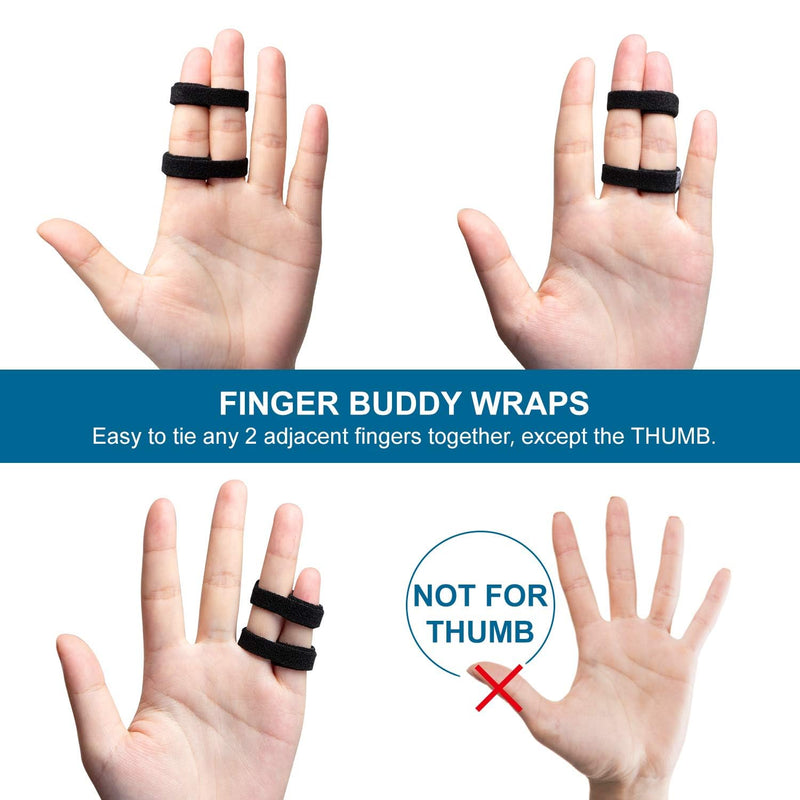 Sumifun Buddy Finger Wraps, Pack of 6 Finger Tapes for Broken, Sprained, Fractured Finger, Finger Straps for Jammed, Swollen, Dislocated Joint (Black) Black 6 Count (Pack of 1)