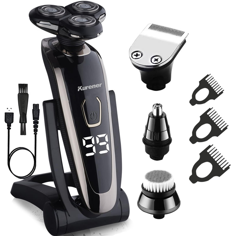 [Australia] - Electric Razor for Men Shaver Rechargeable Waterproof Rotary for Shaving with Nose Trimmer Sideburns Trimmer Face Cleaning Brush 
