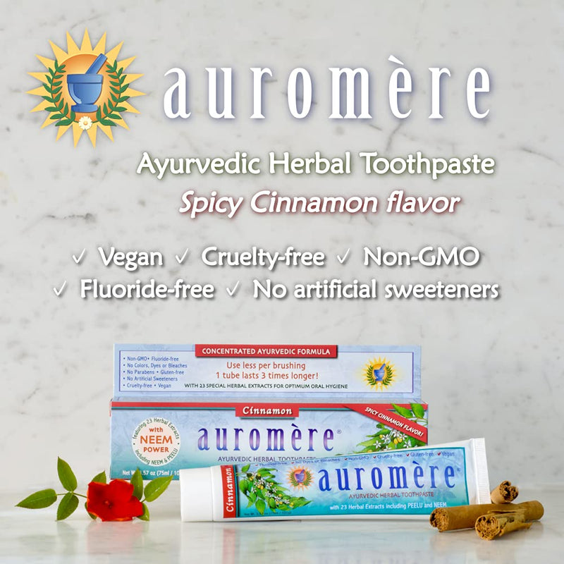 [Australia] - Auromere Ayurvedic Herbal Toothpaste, Cinnamon - Vegan, Natural, Non GMO, Fluoride Free, Gluten Free, with Neem & Peelu (3.57 oz), 2 Pack 