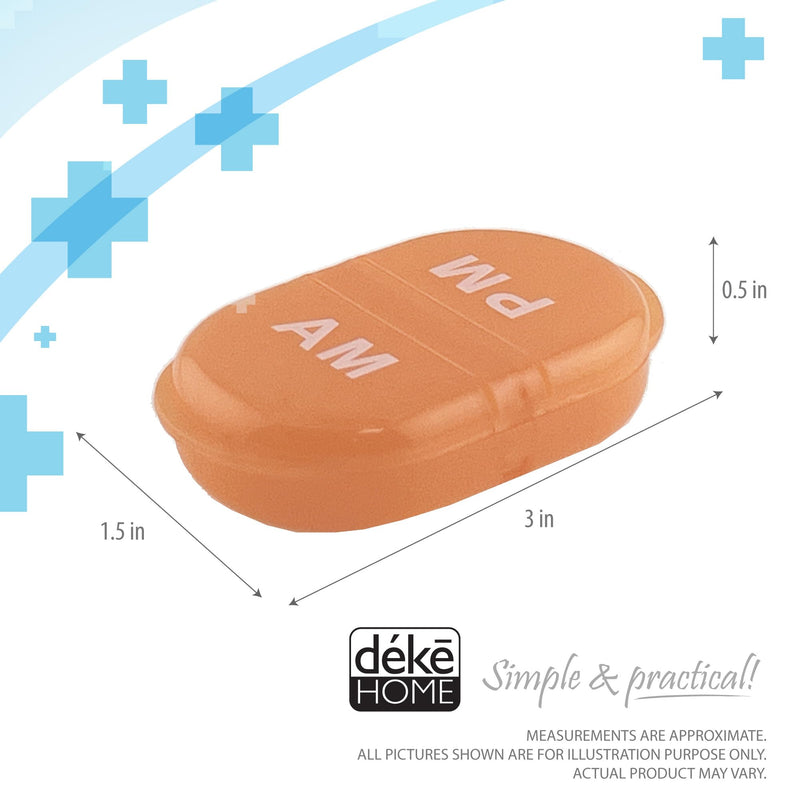 Deke Home - Pill Organizer AM PM, 2 Compartment Pill Box for Pocket or Purse, Small Daily Medicine Case, Travel Pill Holder, Easy Open Pill Container for Seniors, Vitamins & Supplements (Orang) Orange