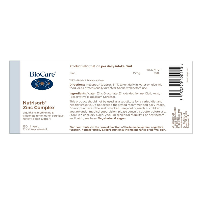 BioCare Nutrisorb Zinc Complex - High Potency Liquid Zinc Methionine & Gluconate for Immunity, Skin, Hair, Nail & Cognitive Support - 150ml