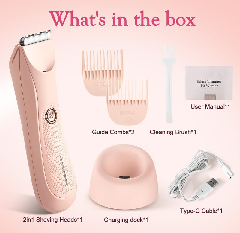 [Australia] - Riokko Bikini Trimmer for Women with LED Light and IPX7 Waterproof Dual Charging, Skin-Safe Cordless Pubic Hair Shaver with Battery Indicator Pink 