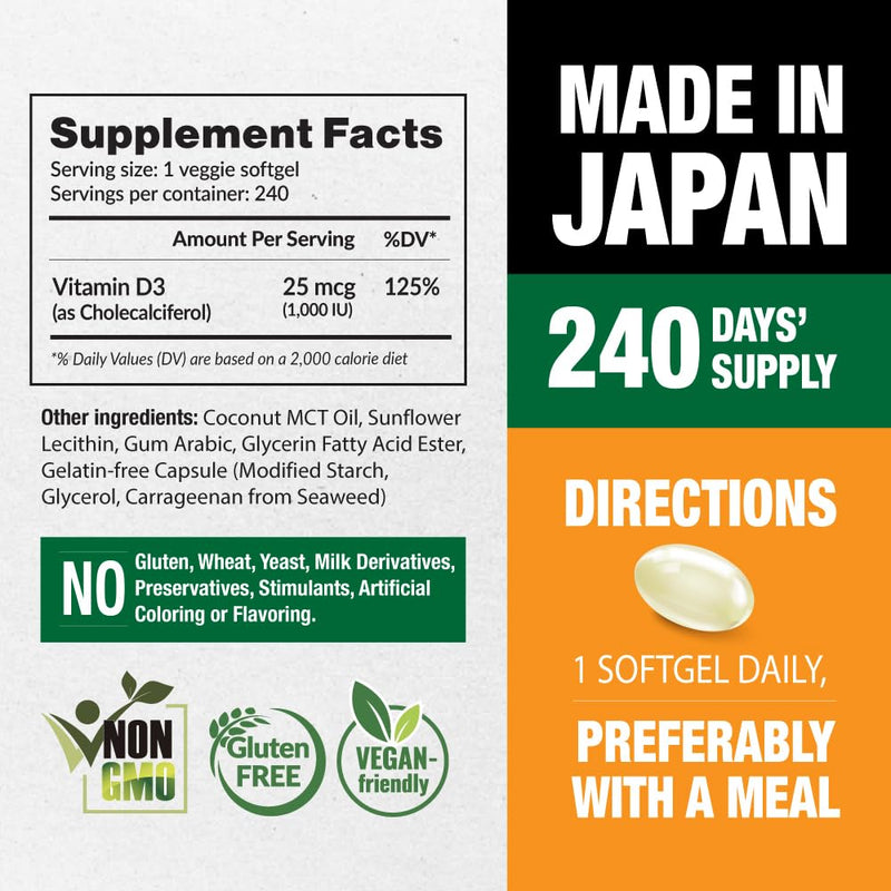 LABO Nutrition Vegan Liposomal Vitamin D3 for Bone Support 240 softgels | 240 softgels of 1000IU vegan liposomal D3, sustained release, non-GMO, 240 days supply
