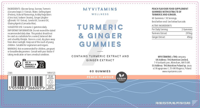 Myprotein Turmeric and Ginger Gummies - 297mg Turmeric and 45mg Ginger per Serving - Vegan and Vegetarian Friendly - Delicious Peach Flavour - Supports Joint Health and Immune Function - 60 Gummies