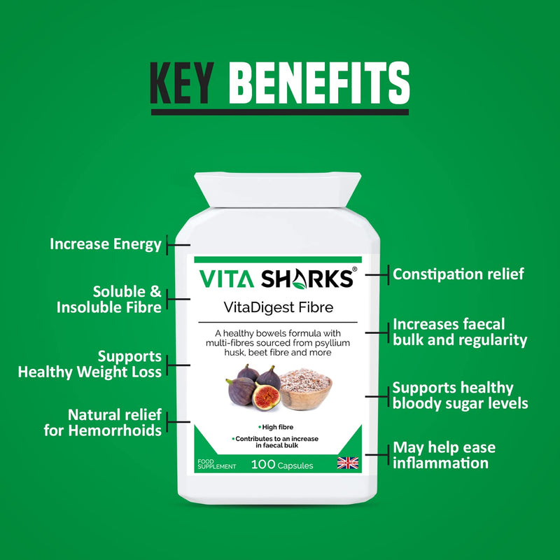 VitaDigest Fibre - Vegan Dietary High Fibre Capsules for Healthy Clear Bowels & Increased Faecal Bulk with Psyllium Husk Fiber, Flaxseed & Beetroot - Kosher Fibre & Bulk