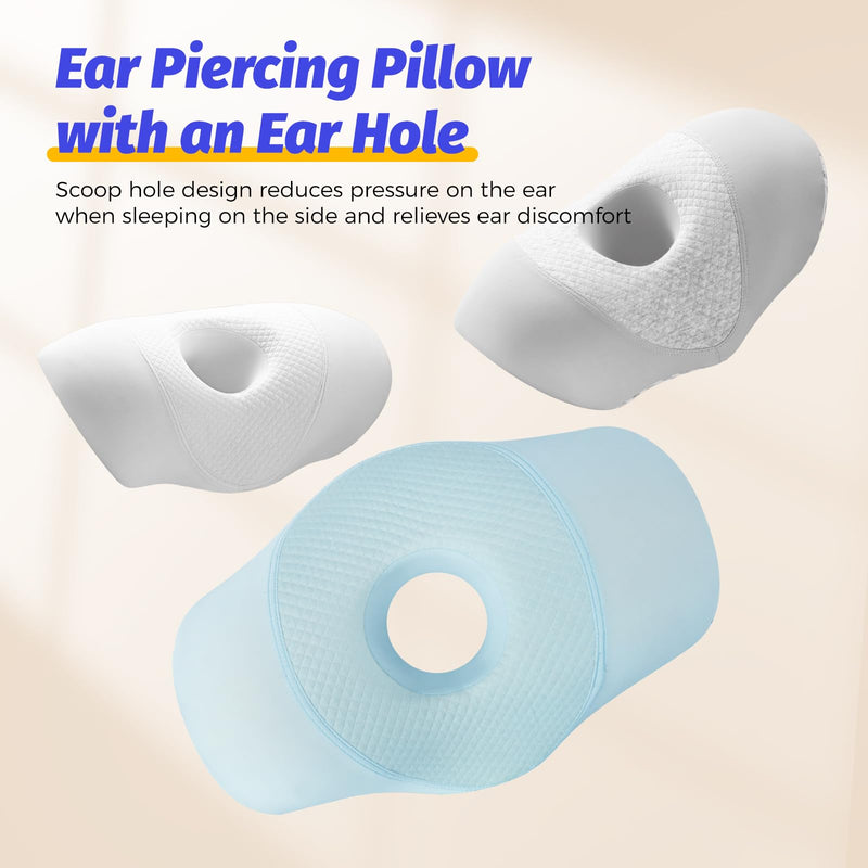 [Australia] - Ear Piercing Pillow for Side Sleepers with Ear Hole for CNH, Ear Pain Relief and Pressure Sores, Memory Foam Contoured Design Side Sleeping Pillow, Breathable Cotton Blend (Blue) 