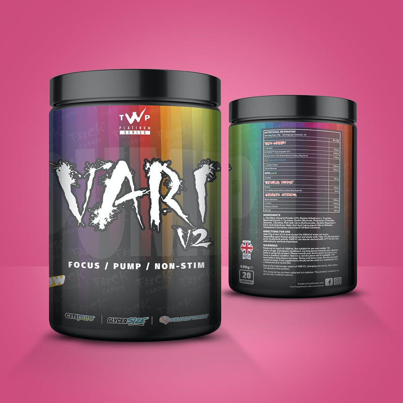 TWP Nutrition Platinum Series VARI V2, Non Stim Focus and Pump Pre Workout, 580g and 20 Servings, 5 Great Flavours (Rainbow Laces) Rainbow Laces