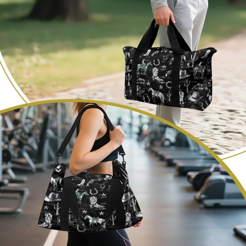 Western Horse Print Travel Duffel Tote Bag Foldable Carry On for Women, Cactus Cowboy Boots Pattern Lightweight Gym Bags for Sport, Road Trip Western Cow Boy Cactus