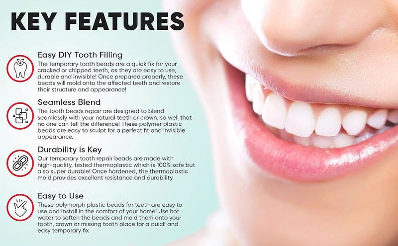 Thermoplastic Beads 80 Grams for Teeth Repair Plus Dental Tools–for DIY Tooth Filling – Moldable Thermal Beads for Teeth Repair – Ideal for Chipped, Cracked Teeth – Realistic and Durable 80 Grams+Dental Tools