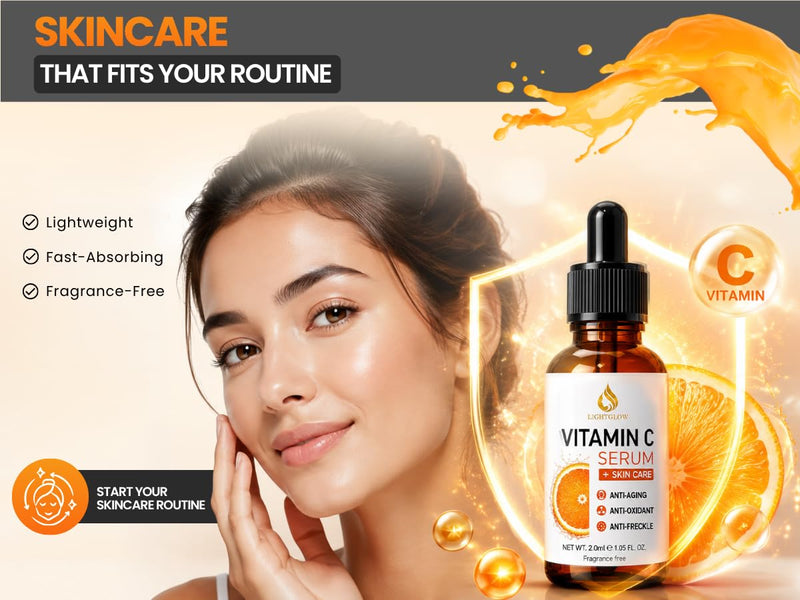 Vitamin C Serum for Face – Brightening Anti-Aging Facial Serum with Ferulic Acid, Vitamin E & Hyaluronic Acid – Fragrance-Free Dark Spot Corrector & Glow Formula, 1 fl oz