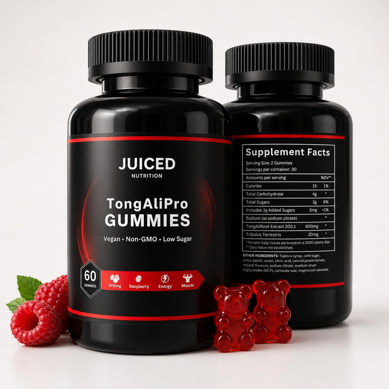 TongAliGummies - 60 Gummies Raspberry Flavour - with Added Tribulus Terrestris - 200:1 TongAliRoot High Strength Plant Extract - Gummies for Energy and Vitality