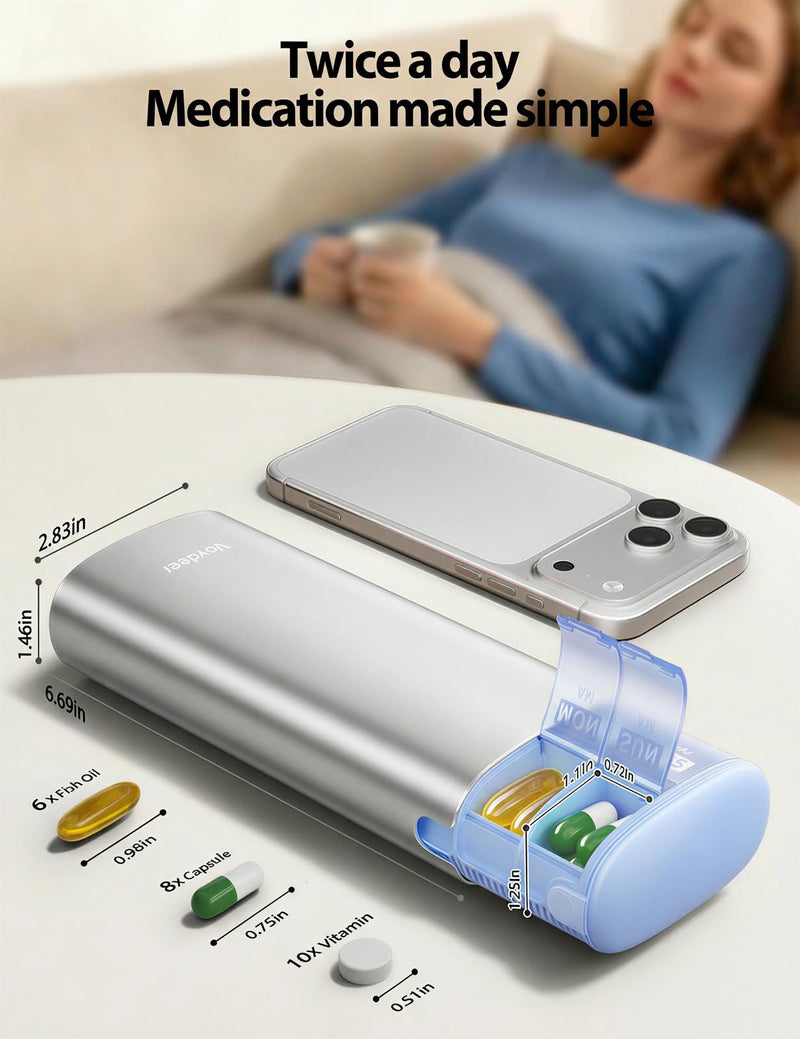 Vaydeer Metal 7 Day Travel Pill Organizer 2 Times a Day, Built-in Desiccant | AM PM weekly Travel Pill Case, Twice-Daily，Airtight Large Capacity Pill Box for Vitamins, Medication, Supplements & Fish Oil Silver Standard Size