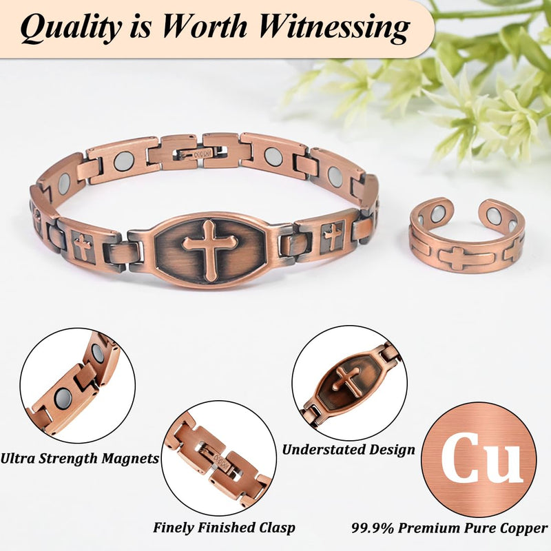 [Australia] - Vicmag Copper Magnetic Bracelet for Women 99.9% Solid Pure Copper Strong Magnets Jewelry Gift Adjustable Length Classic Cross 