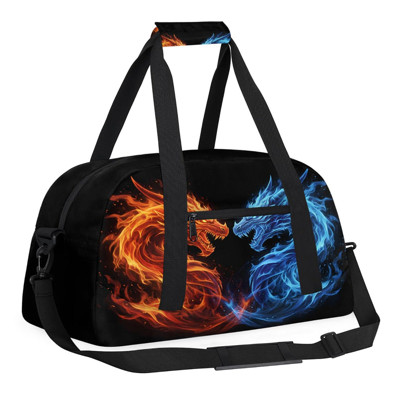 Gym Travel Duffle Bag for Boys - Ice Fire Dragon Kids Overnighter Weekend Bag with Front Zipper Pocket for School Practice, Teens Carry-On Size Sleepover Bags