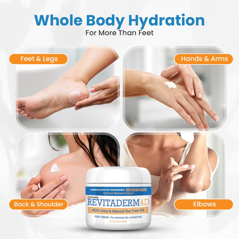 Revitaderm 4D 40% Urea Advanced Foot Cream for Cracked Heels & Dry Skin, Intensive Repair for Rough, Callused Feet, Fast Absorbing, Fragrance Free, Made in USA, 4 oz with Pumice & Brush, 1 Pack 4 Ounce (Pack of 1)