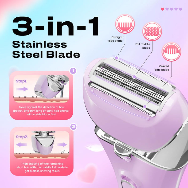 Electric Shaver for Women Rechargeable Wet Dry Electric Razor for Women, Waterproof Lady Shaver for Legs Arm Underarm Bikini Public Body Razor with One Extra Foil Blade Lilac