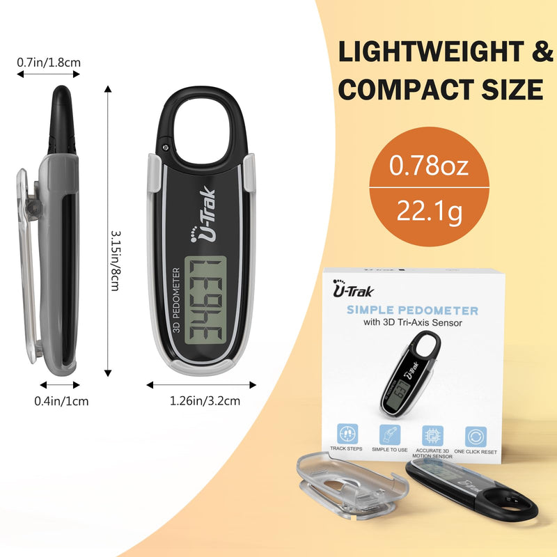 [Australia] - 3D Pedometer for Walking with Removable Clip and Carabiner Simple Step Counter for Walking Accurate Clip On Step Tracker for Men Women Kids Black 