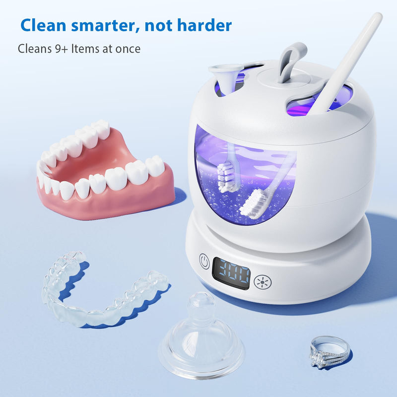 [Australia] - Ultrasonic Retainer Cleaner Machine, 42kHz Professional for Dentures, Aligners, Mouth Guards, Jewelry - IPX7 Waterproof Durable Removable Base and Top Cover, 3 Timer Settings, Quiet White 