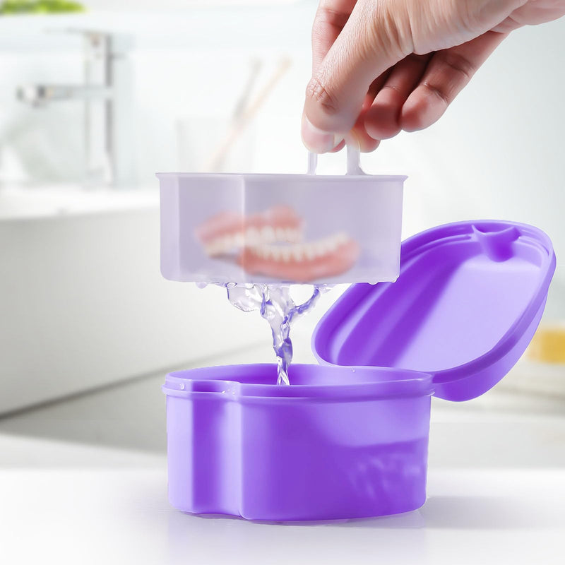 [Australia] - JMU Denture Bath Case, Denture Cup for Soaking Dentures with Strainer Basket Tray for Dentures, Mouth Guard Storage Case, Purple 