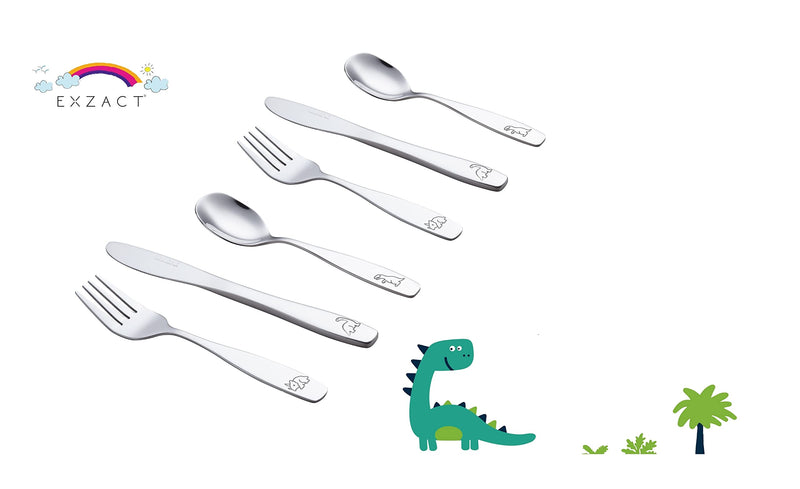[Australia] - Exzact Kids Flatware 6 Pieces Stainless Steel Children Silverware 2 x Forks, 2 x Knives, 2 x Spoons,Toddler Utensils, Dishwasher Safe, 24 Months+ (Dinosaurs Engraved) 6 Piece Set Dinosaurs x 6 