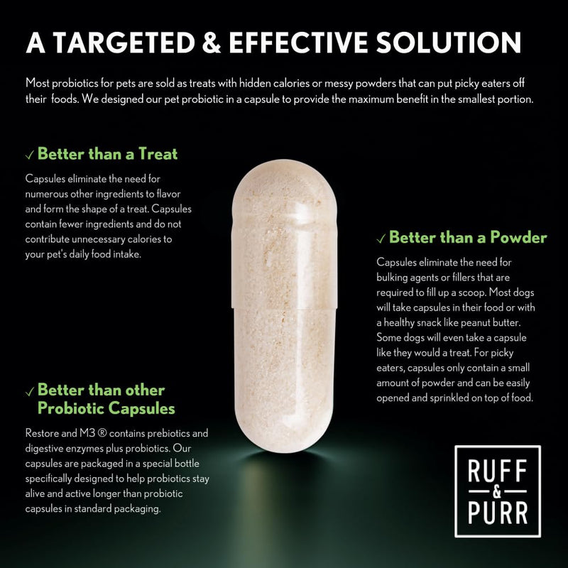 Ruff & Purr Probiotics for Dogs – Multi-Strain Probiotics and Prebiotics for Gut Health, Immune Support, Healthy Skin and Coat – Clinically Studied DE111 & PreforPro – 60 Easy to Give Capsules - PawsPlanet Australia