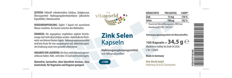 [Australia] - Selenium zinc capsules - high-dose zinc and selenium 15mg zinc + selenium 100µg per day (100 vegan capsules) - ideal for the immune system, skin, hair and nails - laboratory tested, without additives, gluten-free - vitaworld 