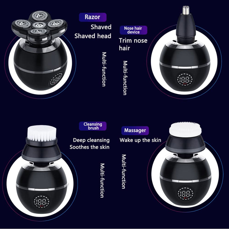 [Australia] - Upgrade 5-in-1 Electric Head Shaver for Men, LED Display, Multifunctional Cordless IPX7 Waterproof Rotary Grooming Kit 5 Heads 