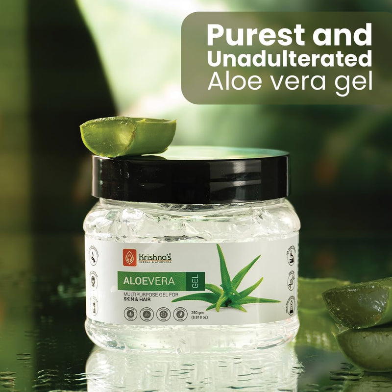 KRISHNA'S HERBAL & AYURVEDA Aloe Vera Gel, Pure Non-Sticky Transparent 3 In 1 Aloe Fresh Soothing Gel For Skin, Body & Hair, Vitamin E Natural Emollients, Dark Spots And Acne 250 g (Pack of 1) White